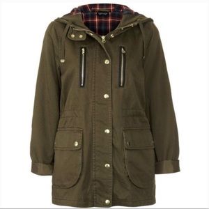 TopShop Field Jacket Green with Plaid Hood Size 8